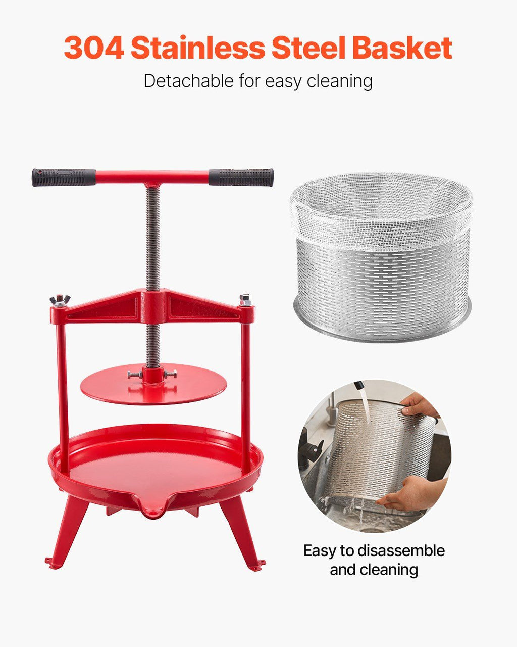 2.38 Gal/9L Fruit Wine Press, Stainless Steel Basket with Cross-beam and Triangular Structure, Manual Juice Maker, Cider Apple Grape Tincture Making Press with T-Handle for Kitchen Home