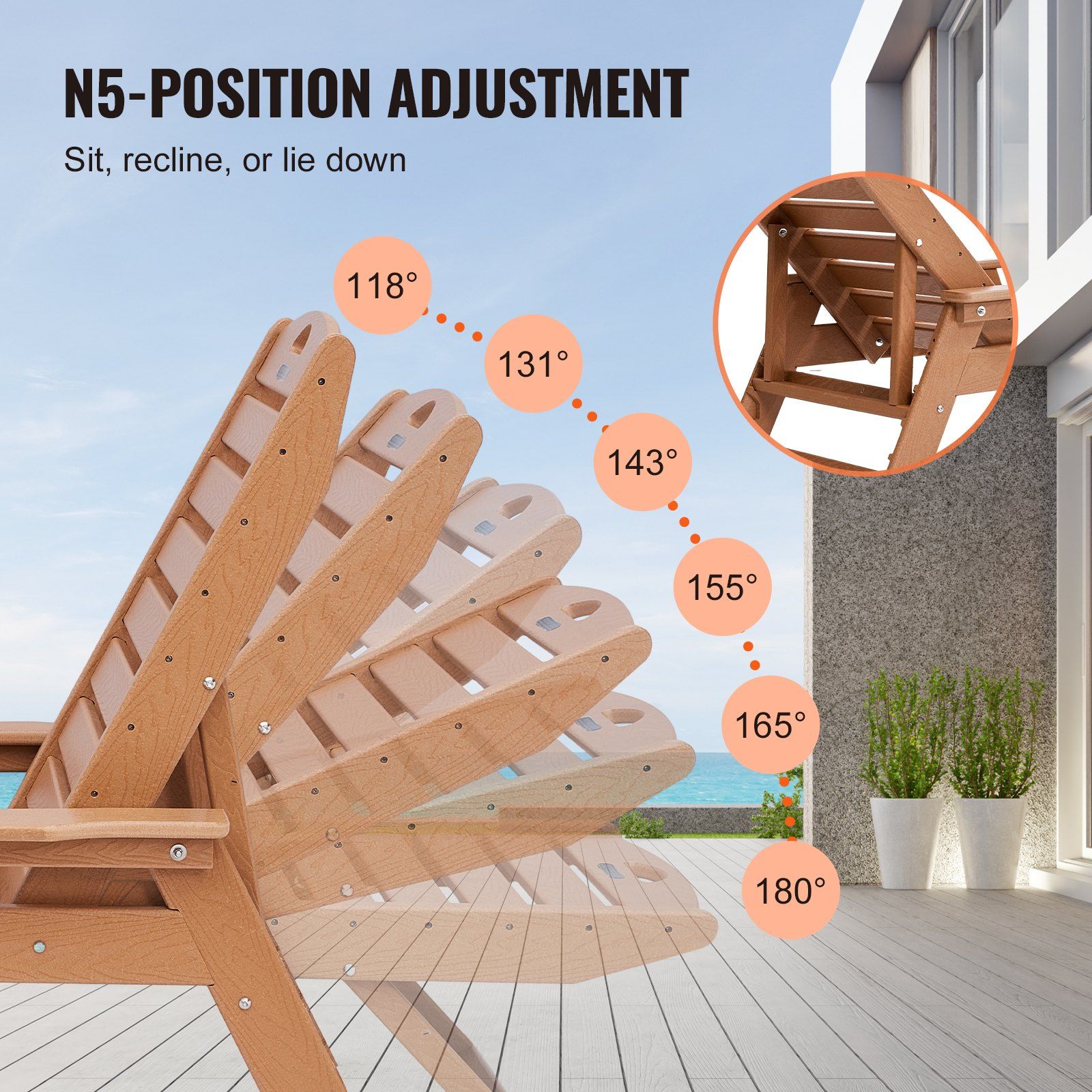 Chaise Lounge Chair, 181 kg Weight Capacity, 6 Positions Adjustable Patio Lounge Chair, Outdoor HDPE Lounge Chair with Backrest & Cup Holder, for Pool Poolside Deck Backyard Lawn, Brown
