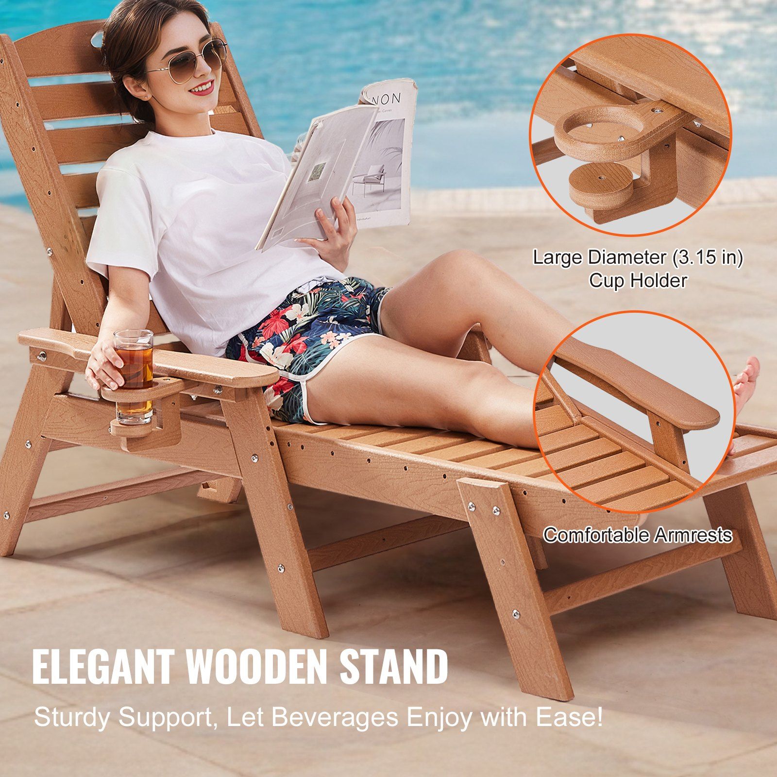 Chaise Lounge Chair, 181 kg Weight Capacity, 6 Positions Adjustable Patio Lounge Chair, Outdoor HDPE Lounge Chair with Backrest & Cup Holder, for Pool Poolside Deck Backyard Lawn, Brown