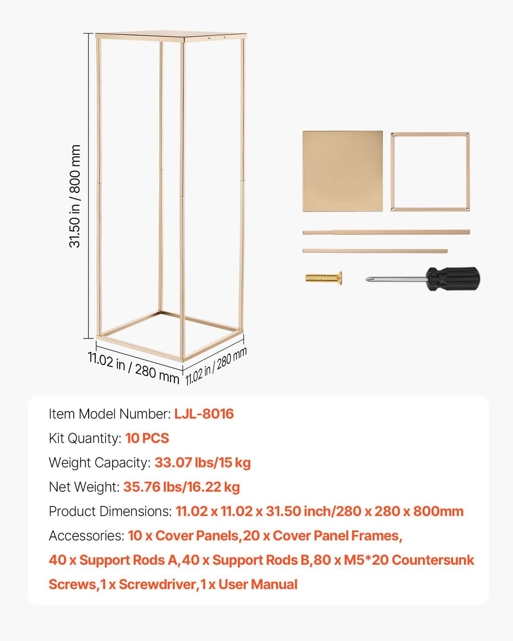 Wedding Flower Stand, 10PCS 80cm Column Flower Stand, Floral Stands with Metal Laminate, Gold Rectangular Floral Display Rack for Wedding, Party, Birthday, Home,  Gold Centerpiece Stands