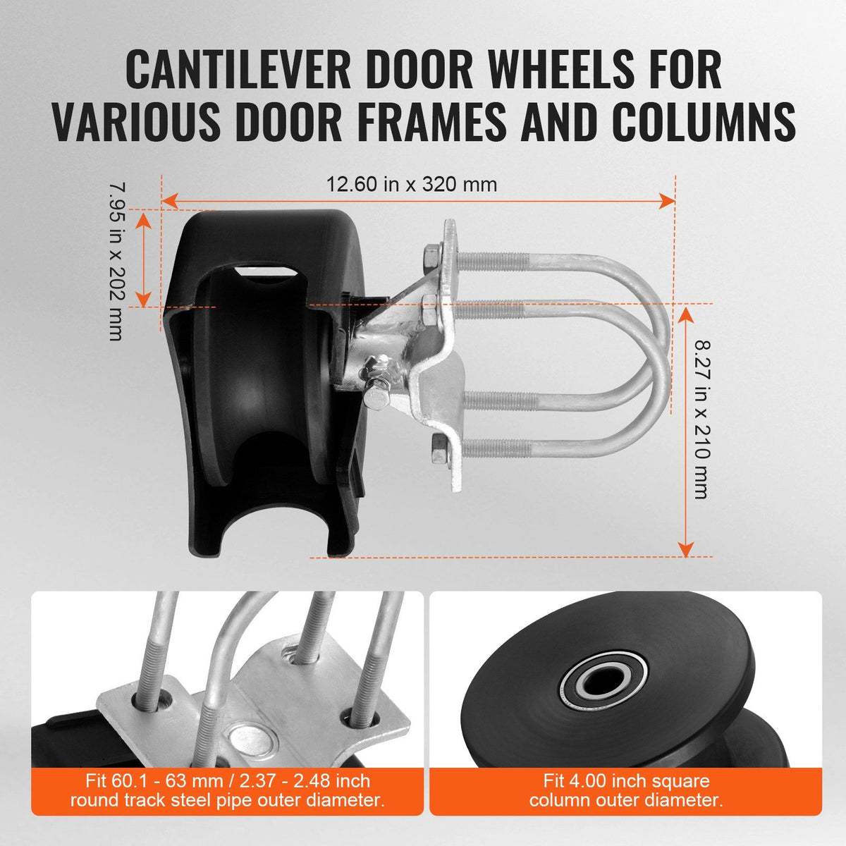 Sliding Gate Kit, Rolling Gate Hardware Kit w/ U-Shaped Wheel Groove for Cantilever Sliding Gates and Rolling Door, Sliding Gate Rollers 4 Track Wheels w/ Cover, Heavy Duty Sliding Roller,Black