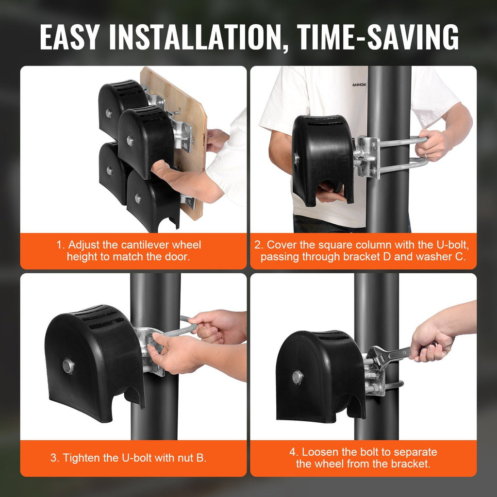 Sliding Gate Kit, Rolling Gate Hardware Kit w/ U-Shaped Wheel Groove for Cantilever Sliding Gates and Rolling Door, Sliding Gate Rollers 4 Track Wheels w/ Cover, Heavy Duty Sliding Roller,Black