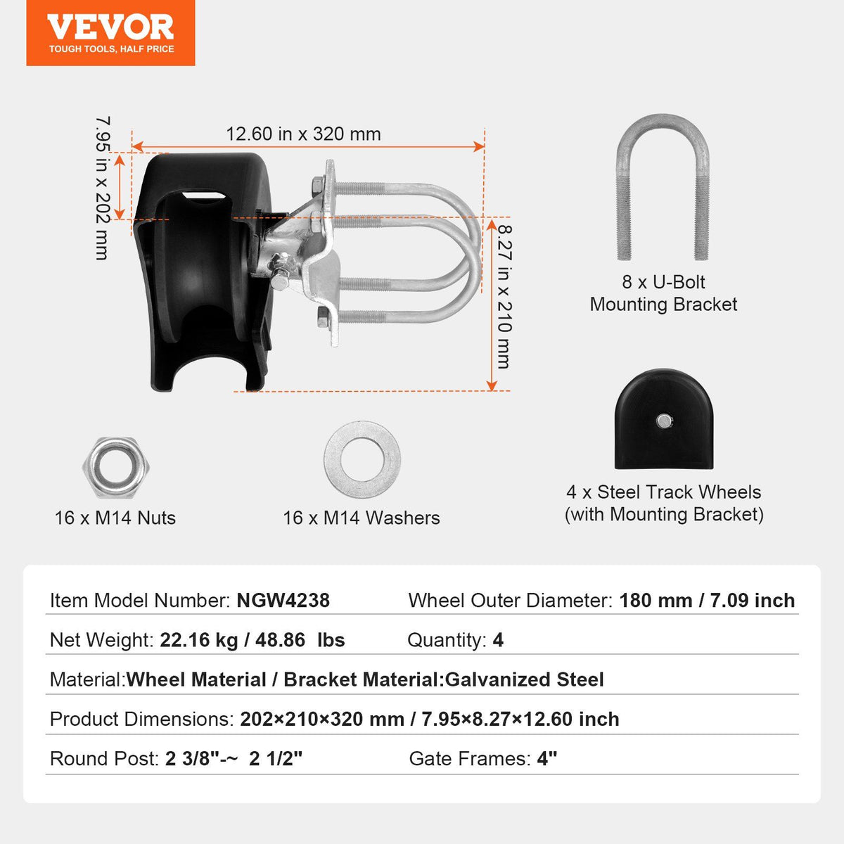 Sliding Gate Kit, Rolling Gate Hardware Kit w/ U-Shaped Wheel Groove for Cantilever Sliding Gates and Rolling Door, Sliding Gate Rollers 4 Track Wheels w/ Cover, Heavy Duty Sliding Roller,Black