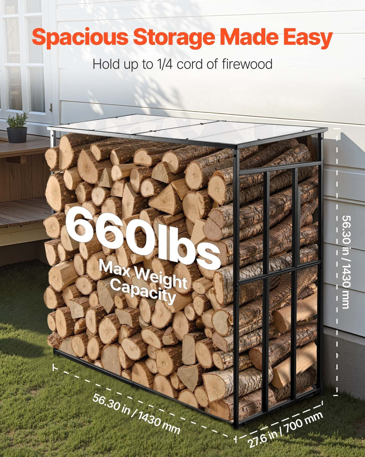 Firewood Rack with Sloped Roof, 143cm Outdoor Firewood Holder, 1/4 Cord Log Storage Shed, 299kg Max Weight Capacity, Powder-Coated Metal Wood Storage Rack for Fireplace Deck Backyard Garden