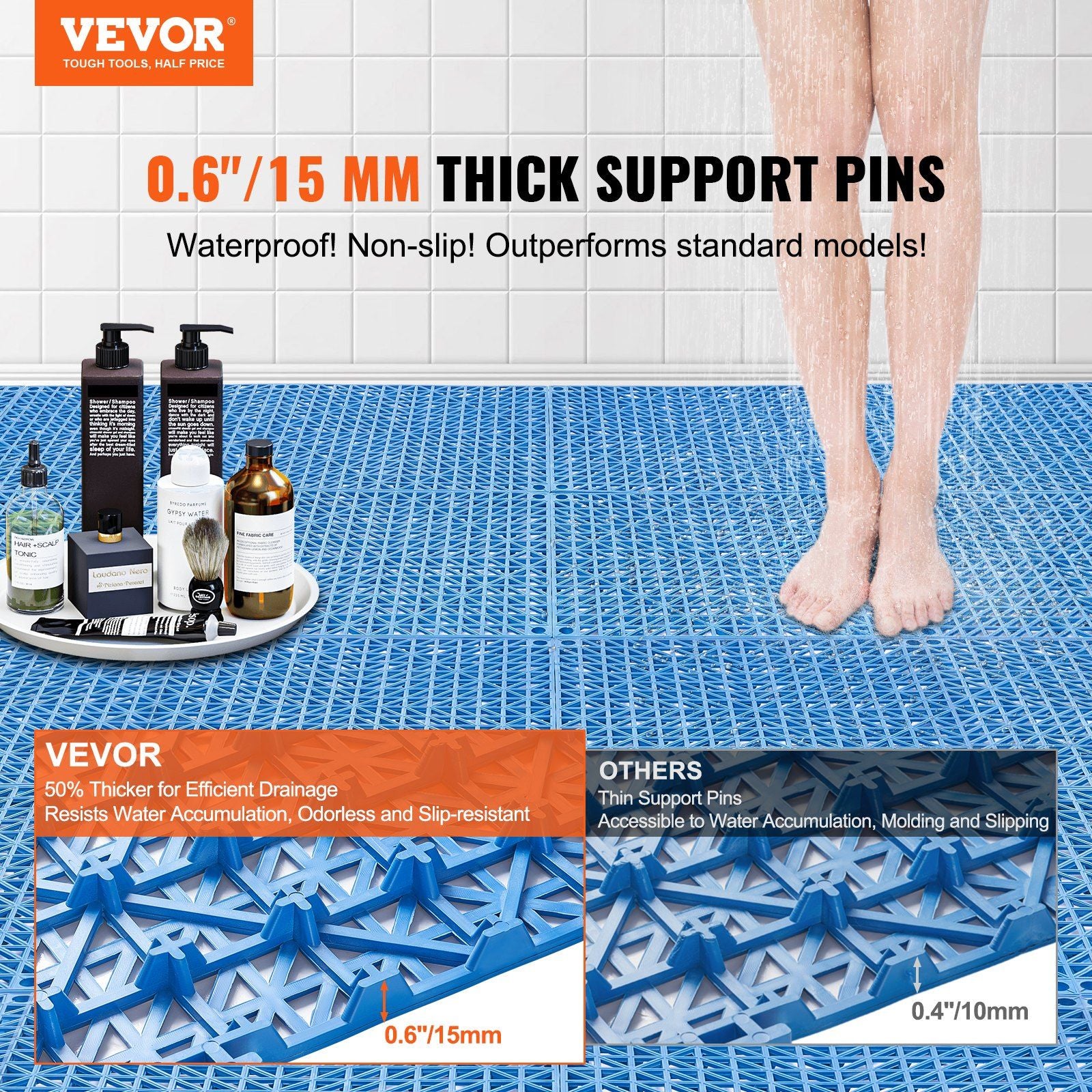 Modular Interlocking Cushion, 50 Pack 30 x 30 cm Splicing Drainage Mats, Soft PVC Interlocking Drainage Floor Tiles, Non-Slip Drainage Holes for Restroom, Bathroom, Kitchen, Pool, Wet Area, Blue
