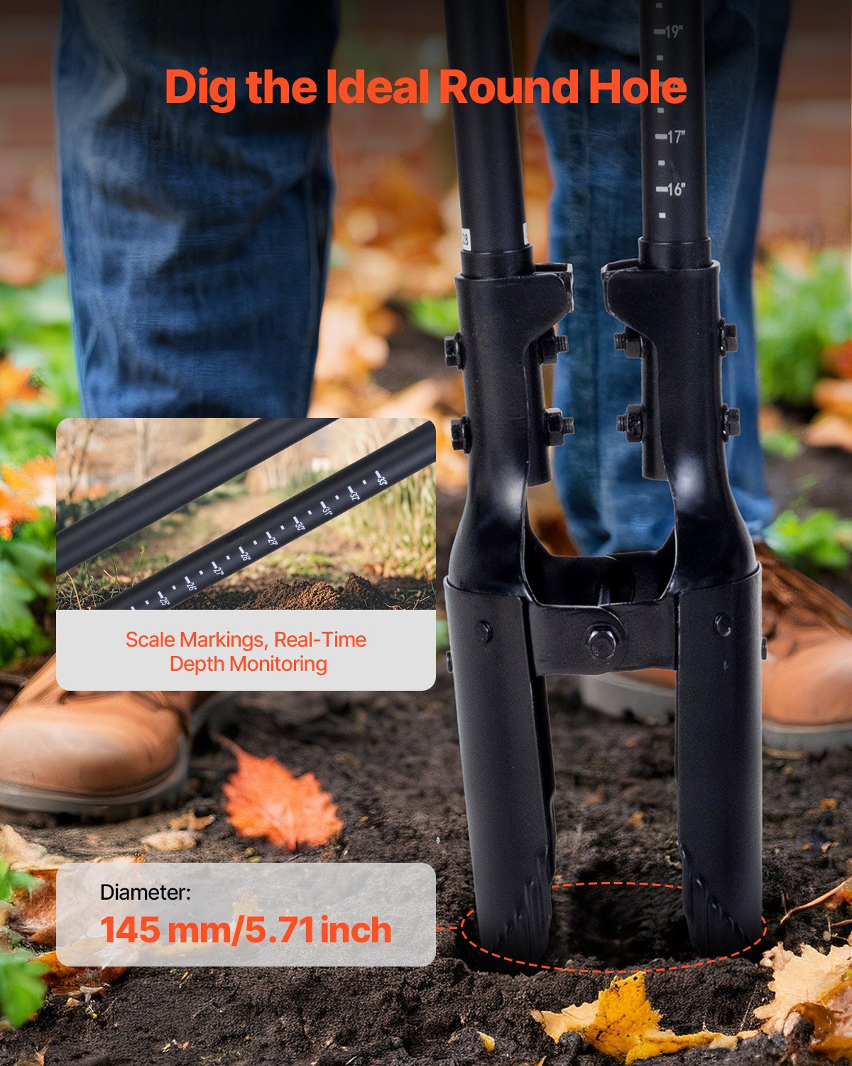 VEVOR Post Hole Digger, Heavy Duty Post Hole Digger with Fiberglass Handle, Manual Hole Digger with Scale Markings and Metal Blade, Post Hole Digger Tool for Digging Gardening and Outdoors, 1460 mm