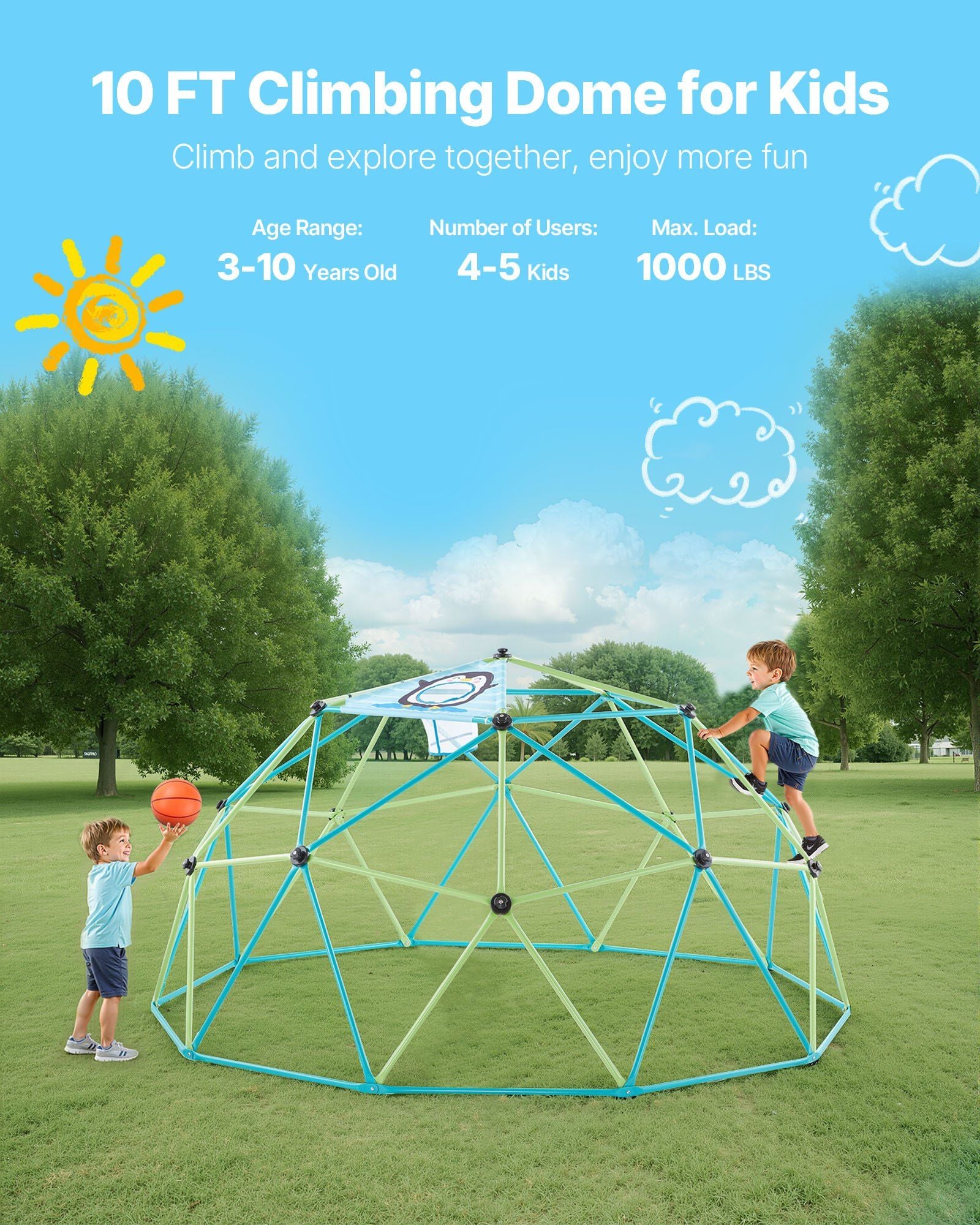 Climbing Dome, 305cm Geometric Dome Climber for Kids, 453kg Loading Jungle Gym Playground with Octopus Net & 2 Basketballs, Easy-Assembly Outdoor Backyard Climbing Toys - Gift for Boys Girls