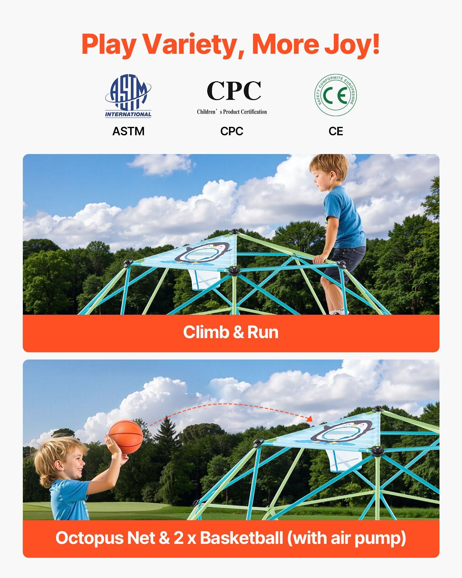 Climbing Dome, 305cm Geometric Dome Climber for Kids, 453kg Loading Jungle Gym Playground with Octopus Net & 2 Basketballs, Easy-Assembly Outdoor Backyard Climbing Toys - Gift for Boys Girls