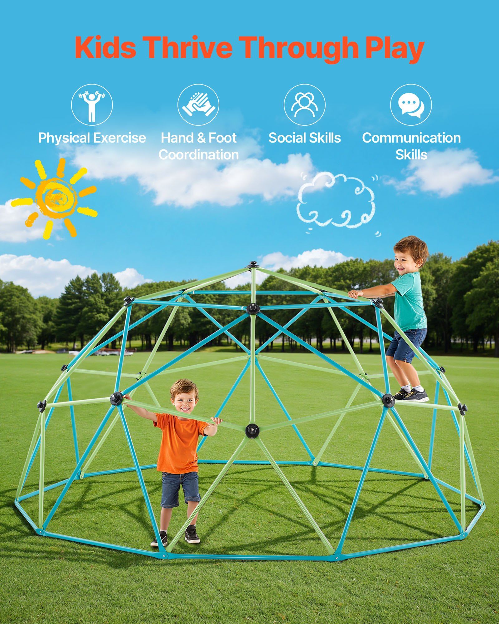 Climbing Dome, 305cm Geometric Dome Climber for Kids, 453kg Loading Jungle Gym Playground with Octopus Net & 2 Basketballs, Easy-Assembly Outdoor Backyard Climbing Toys - Gift for Boys Girls