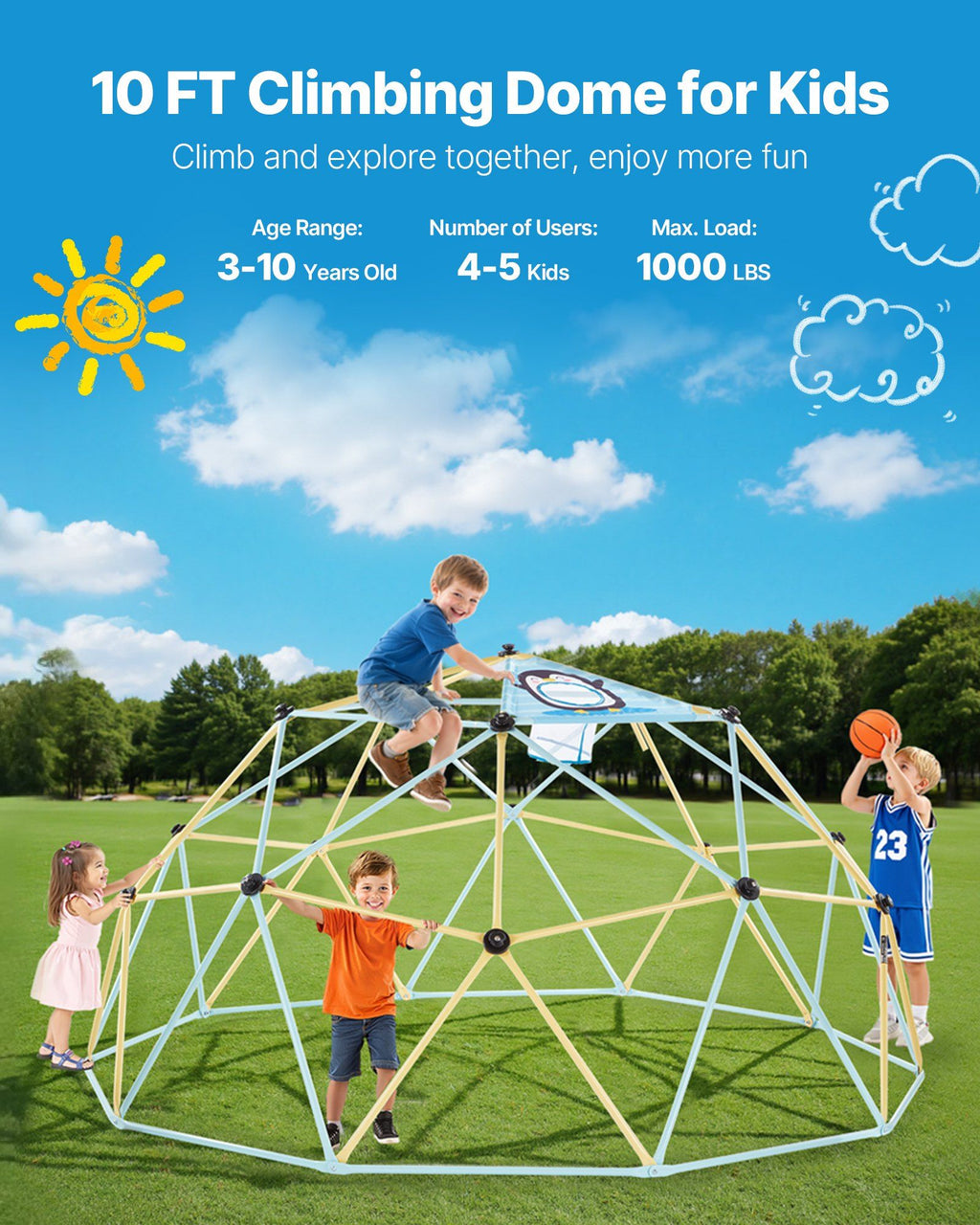 Climbing Dome, 305cm Geometric Dome Climber, 453kg Loading Jungle Gym Playground with 2 Basketballs & Octopus Net, Easy-Assembly Outdoor Backyard Climbing Equipment for Kids 3 to 10 Years Old