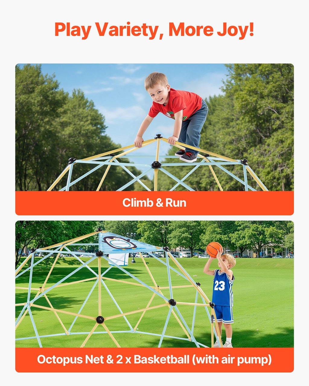 Climbing Dome, 305cm Geometric Dome Climber, 453kg Loading Jungle Gym Playground with 2 Basketballs & Octopus Net, Easy-Assembly Outdoor Backyard Climbing Equipment for Kids 3 to 10 Years Old