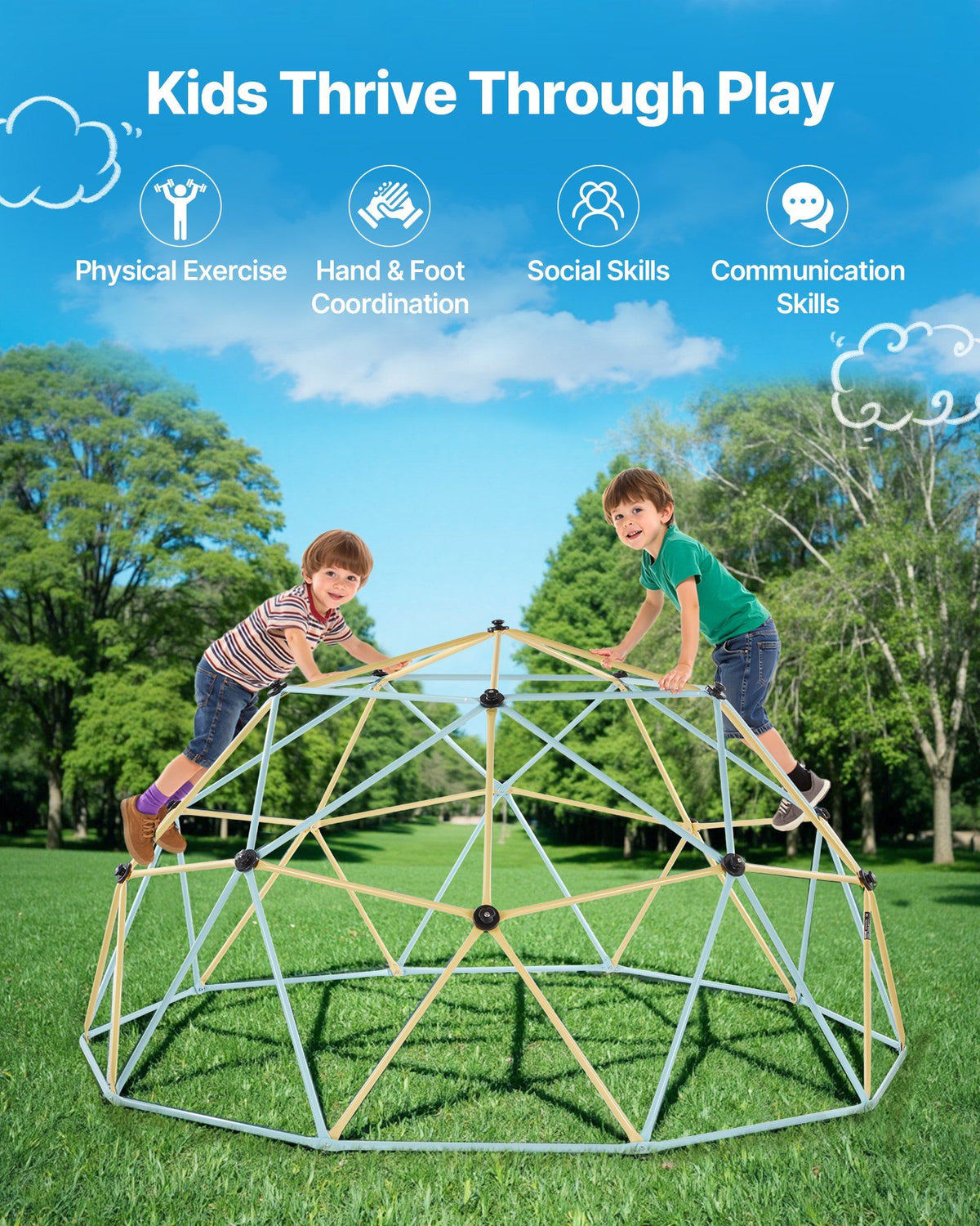 Climbing Dome, 305cm Geometric Dome Climber, 453kg Loading Jungle Gym Playground with 2 Basketballs & Octopus Net, Easy-Assembly Outdoor Backyard Climbing Equipment for Kids 3 to 10 Years Old