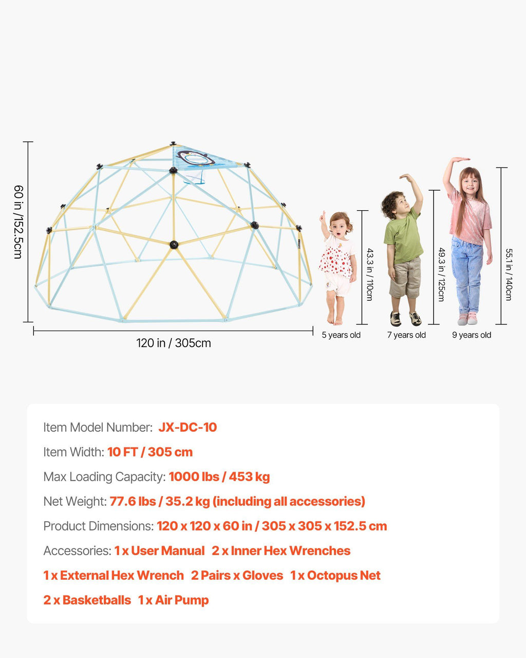 Climbing Dome, 305cm Geometric Dome Climber, 453kg Loading Jungle Gym Playground with 2 Basketballs & Octopus Net, Easy-Assembly Outdoor Backyard Climbing Equipment for Kids 3 to 10 Years Old