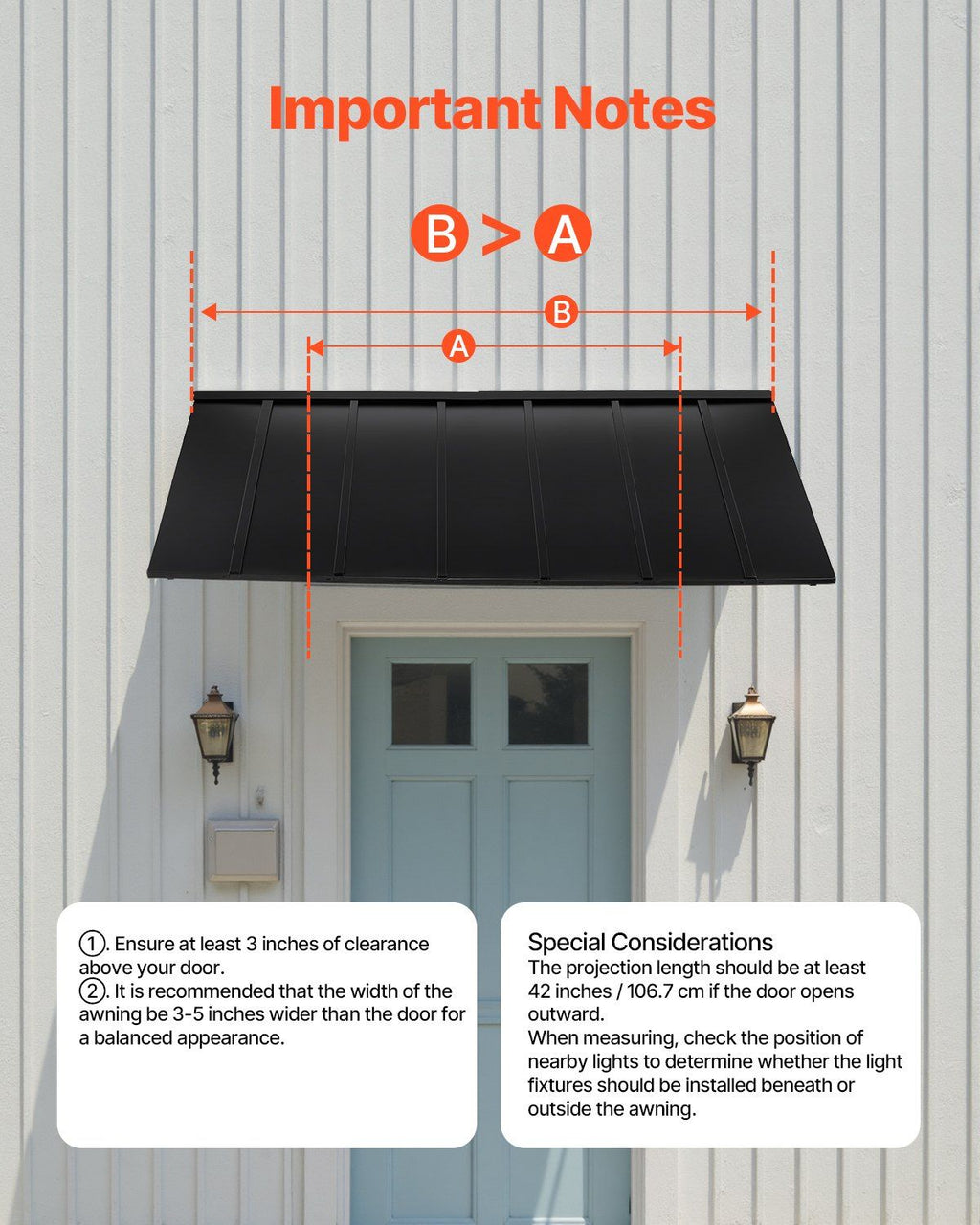 Fixed Metal Awning 2032 × 910 mm, Window Awning Door Canopy, Stable Triangle Steel Frame Exterior Awnings Rain, and Snow Sunlight Protection for Door Entrance, Windows, Porches, Balconies