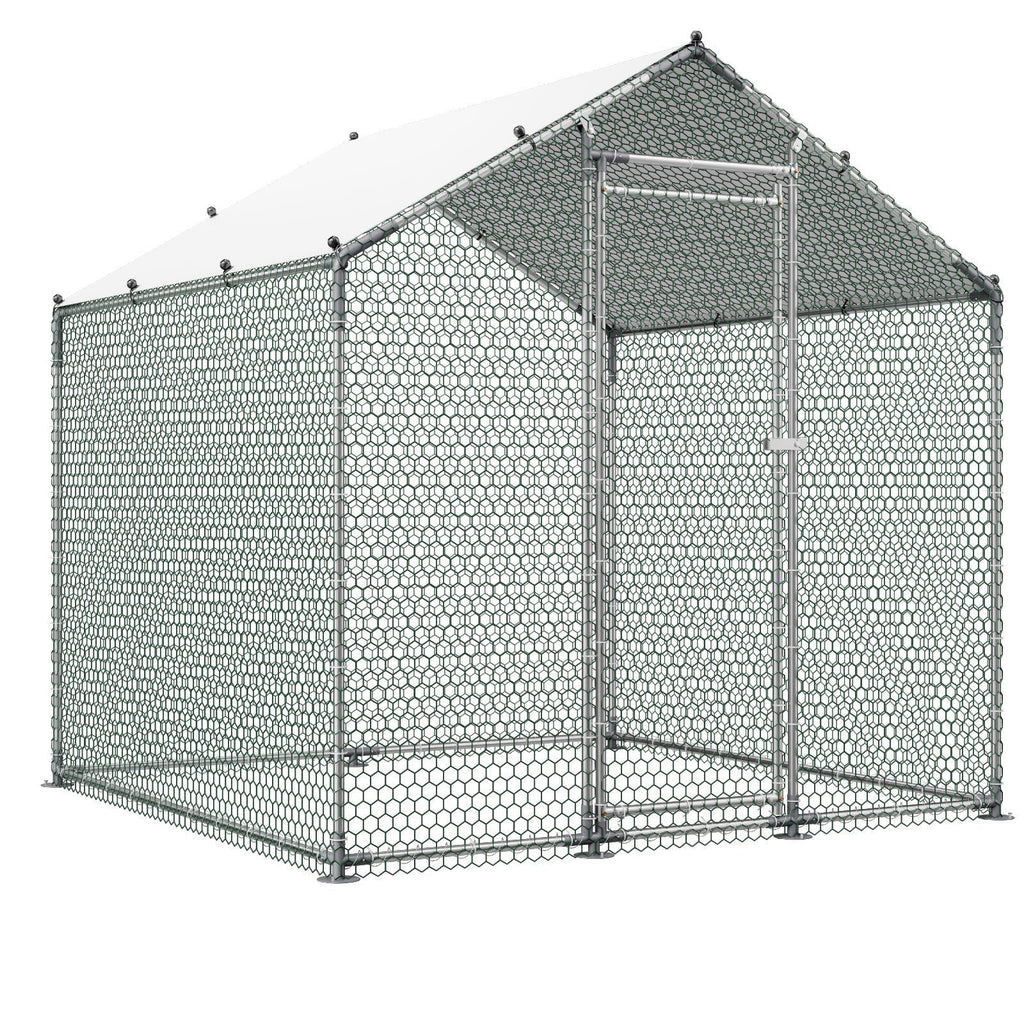 Metal Chicken Coop, 6.56x6.56x6.56ft Large Walk-in Chicken Runs with Cover, Spire Roof Hen House Enclosure with Security Lock, Outdoor Duck Rabbit Cage Poultry Pen for Backyard, Farm, Yard