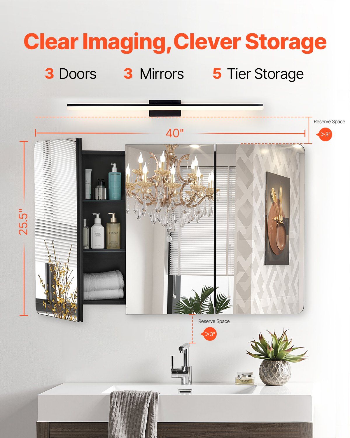 Medicine Cabinet, 25.5 x 40 inch, Medicine Cabinet for Bathroom with Mirror,  Aluminum Frame Bathroom Wall Cabinet, 4-layer Adjustable Shelves, Recessed & Wall-mounted Installation