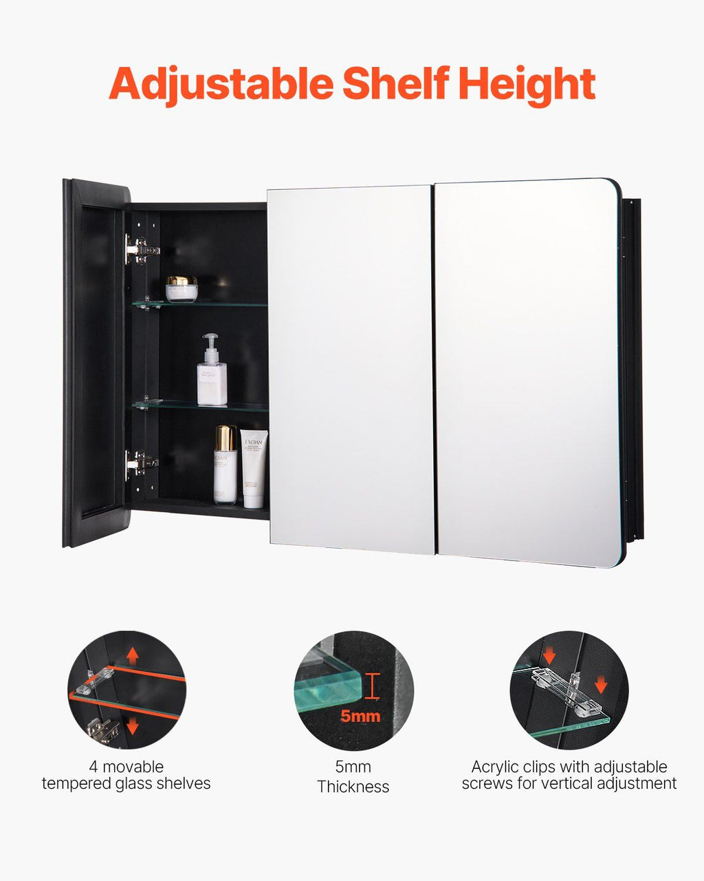 Medicine Cabinet, 25.5 x 40 inch, Medicine Cabinet for Bathroom with Mirror,  Aluminum Frame Bathroom Wall Cabinet, 4-layer Adjustable Shelves, Recessed & Wall-mounted Installation