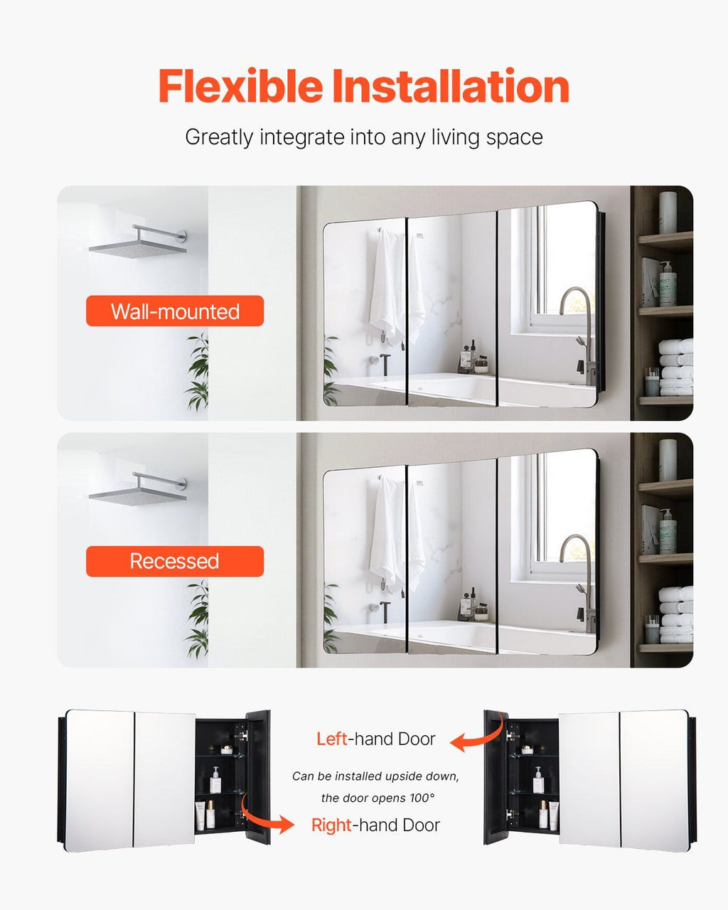 Medicine Cabinet, 25.5 x 40 inch, Medicine Cabinet for Bathroom with Mirror,  Aluminum Frame Bathroom Wall Cabinet, 4-layer Adjustable Shelves, Recessed & Wall-mounted Installation