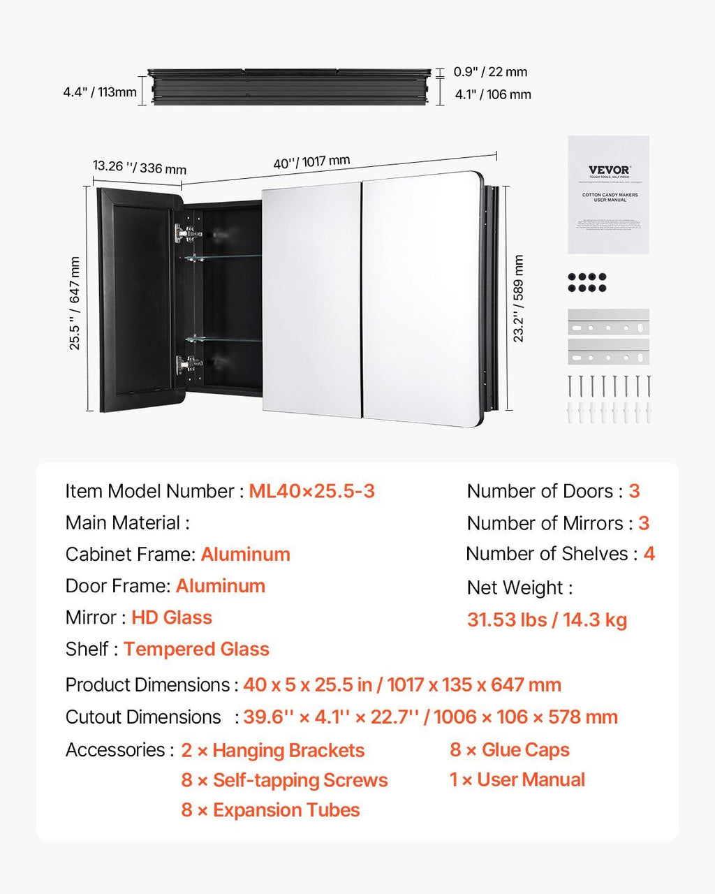 Medicine Cabinet, 25.5 x 40 inch, Medicine Cabinet for Bathroom with Mirror,  Aluminum Frame Bathroom Wall Cabinet, 4-layer Adjustable Shelves, Recessed & Wall-mounted Installation