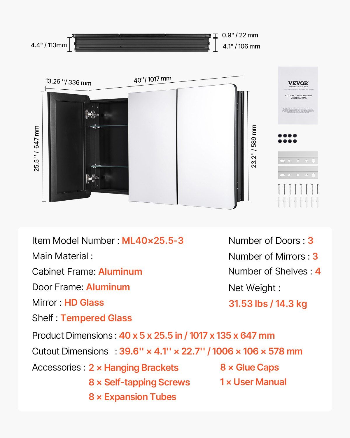 Medicine Cabinet, 25.5 x 40 inch, Medicine Cabinet for Bathroom with Mirror,  Aluminum Frame Bathroom Wall Cabinet, 4-layer Adjustable Shelves, Recessed & Wall-mounted Installation