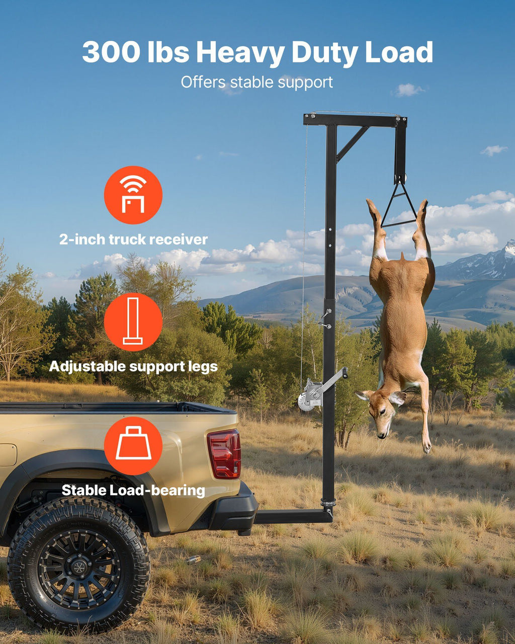 Truck Hitch Game Hoist, 300 lbs Load Capacity, Hunting Deer Hoist with 2-inch Receiver, 360-Degree Swivel Shaft & Adjustable Height, Includes Gambrel Winch for Skinning & Cleaning Game