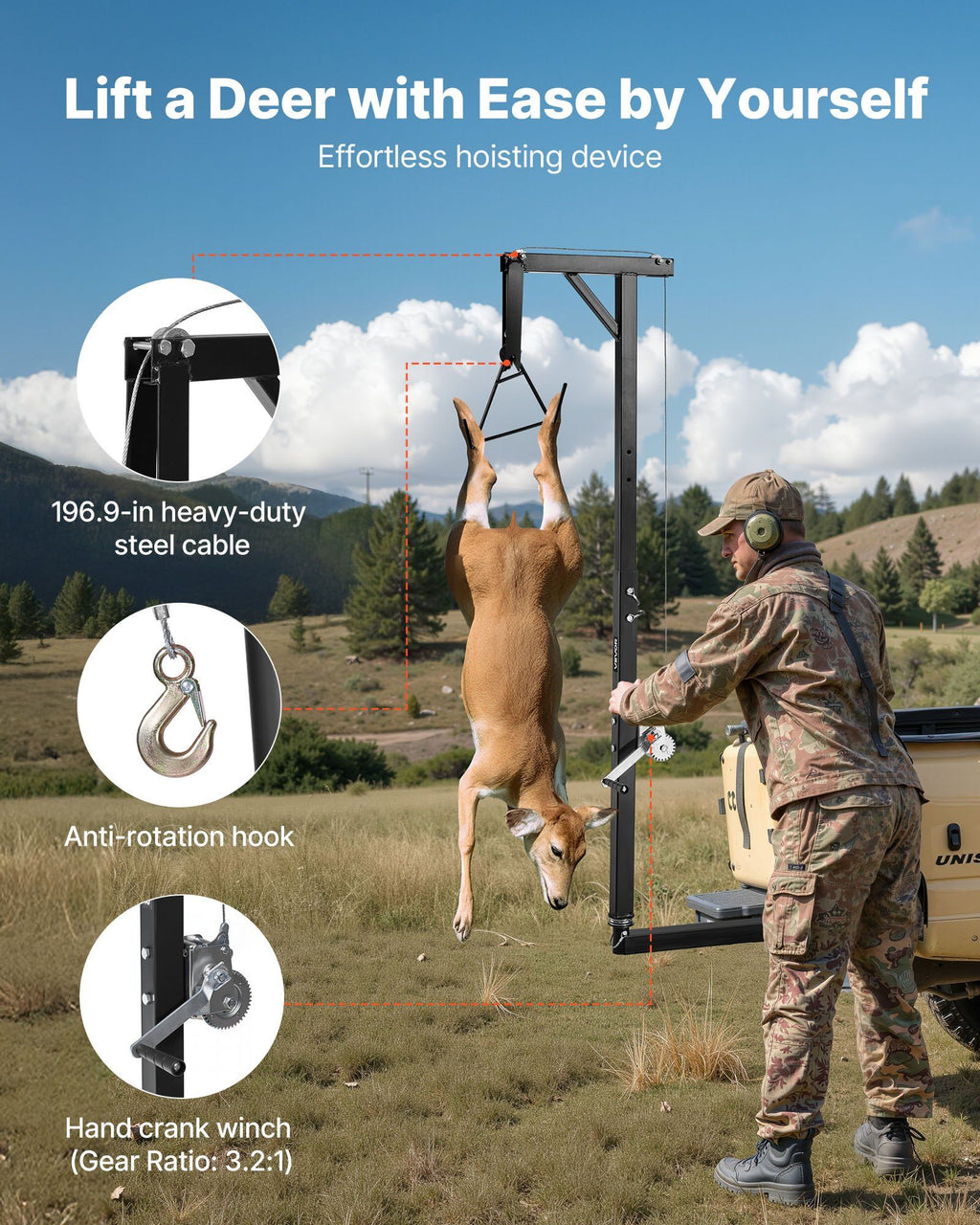 Truck Hitch Game Hoist, 300 lbs Load Capacity, Hunting Deer Hoist with 2-inch Receiver, 360-Degree Swivel Shaft & Adjustable Height, Includes Gambrel Winch for Skinning & Cleaning Game