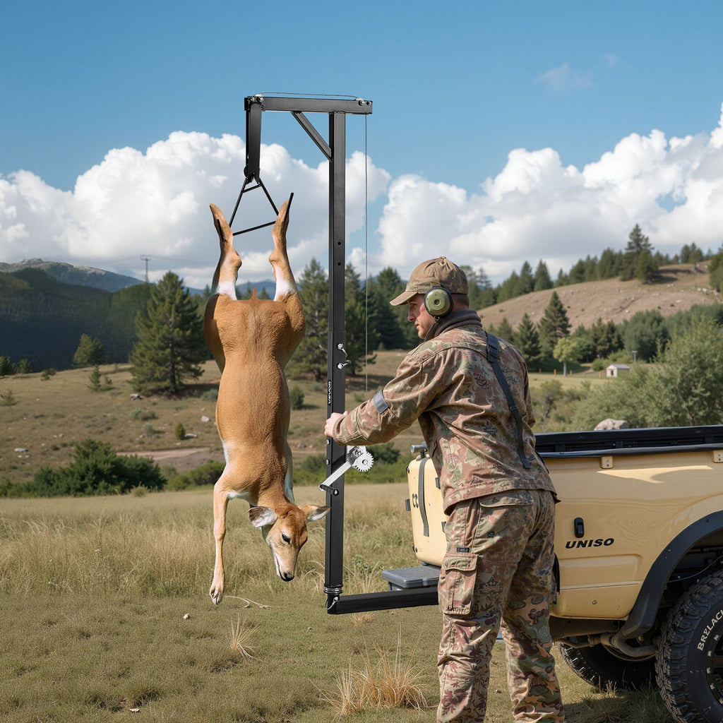 Truck Hitch Game Hoist, 300 lbs Load Capacity, Hunting Deer Hoist with 2-inch Receiver, 360-Degree Swivel Shaft & Adjustable Height, Includes Gambrel Winch for Skinning & Cleaning Game