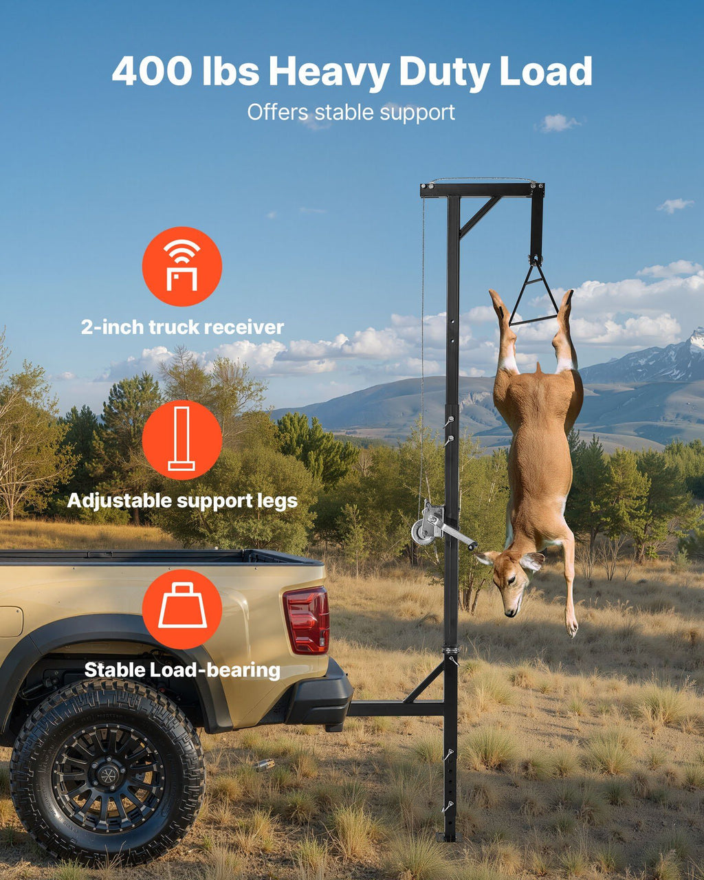 Truck Hitch Game Hoist, 400 lbs Load Capacity, Hunting Deer Hoist with 2-inch Receiver, 360-Degree Swivel Shaft & Adjustable Height, Includes Gambrel Winch for Skinning & Cleaning Game