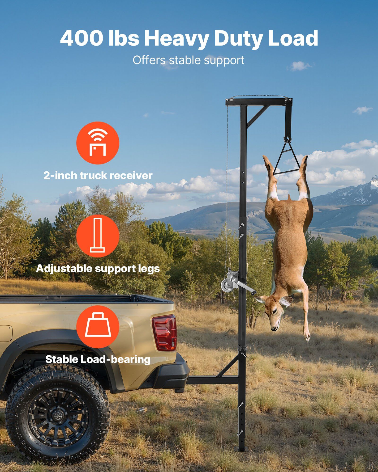Truck Hitch Game Hoist, 400 lbs Load Capacity, Hunting Deer Hoist with 2-inch Receiver, 360-Degree Swivel Shaft & Adjustable Height, Includes Gambrel Winch for Skinning & Cleaning Game