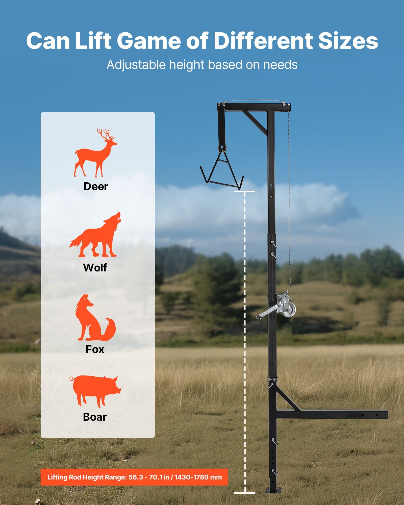Truck Hitch Game Hoist, 400 lbs Load Capacity, Hunting Deer Hoist with 2-inch Receiver, 360-Degree Swivel Shaft & Adjustable Height, Includes Gambrel Winch for Skinning & Cleaning Game