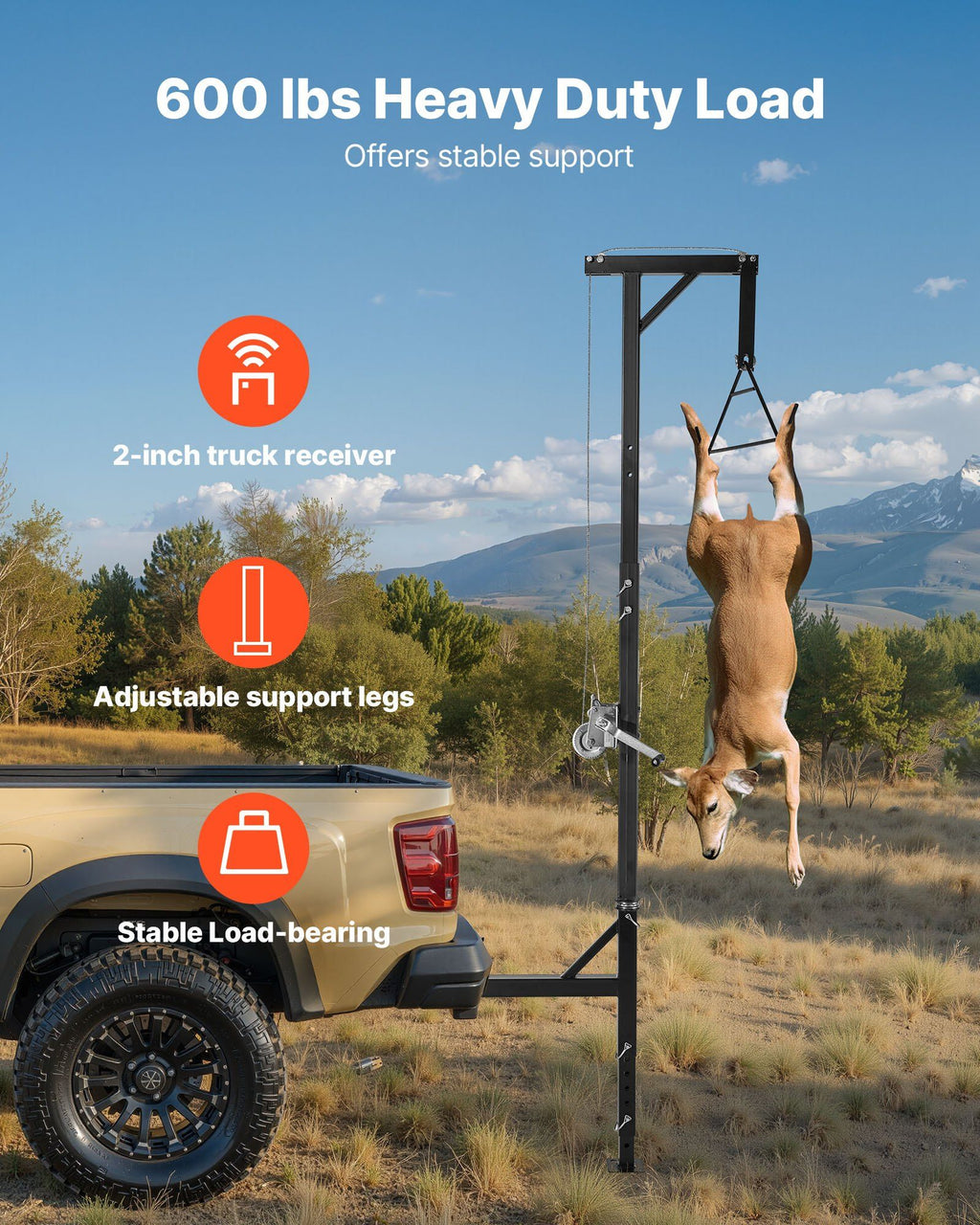 Truck Hitch Game Hoist, 600 lbs Load Capacity, Hunting Deer Hoist with 2-inch Receiver, 360-Degree Swivel Shaft & Adjustable Height, Includes Gambrel Winch for Skinning & Cleaning Game