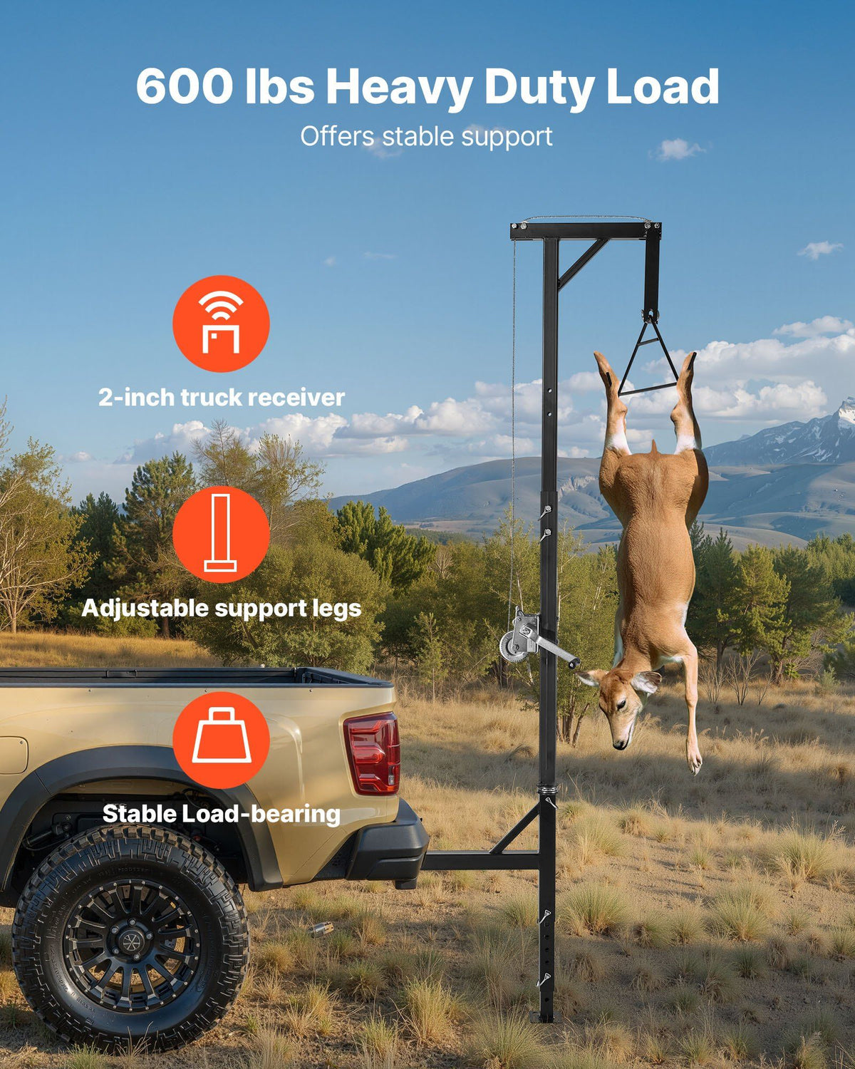 Truck Hitch Game Hoist, 600 lbs Load Capacity, Hunting Deer Hoist with 2-inch Receiver, 360-Degree Swivel Shaft & Adjustable Height, Includes Gambrel Winch for Skinning & Cleaning Game