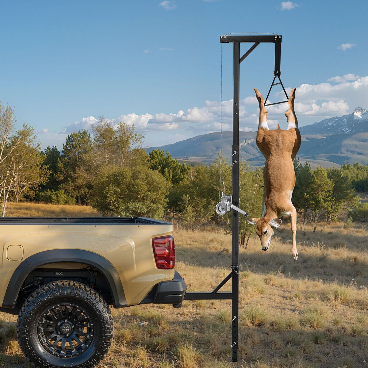 Truck Hitch Game Hoist, 600 lbs Load Capacity, Hunting Deer Hoist with 2-inch Receiver, 360-Degree Swivel Shaft & Adjustable Height, Includes Gambrel Winch for Skinning & Cleaning Game