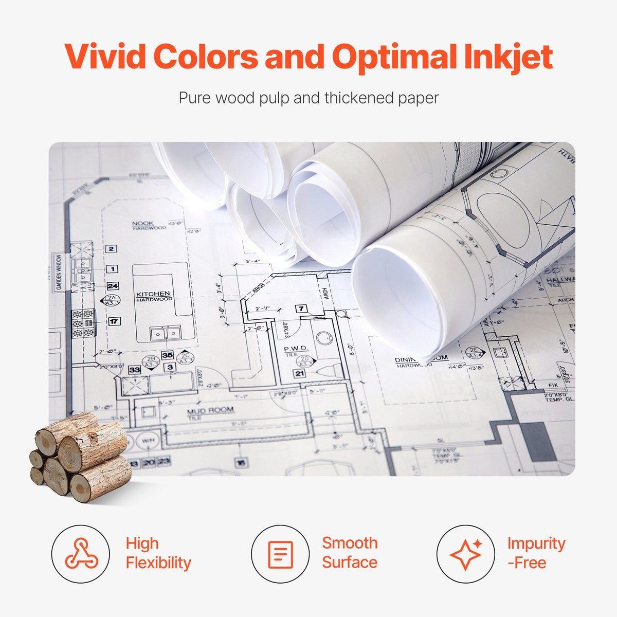 Wide Format Paper, 609.6 mm x 152.4 m Plotter Paper, 2 Rolls CAD Bond Rolls with 76.2 mm Core, 16 KG Plotter Paper Rolls, for CAD Drawings, Engineering Plans, GIS Maps & Architectural Designs