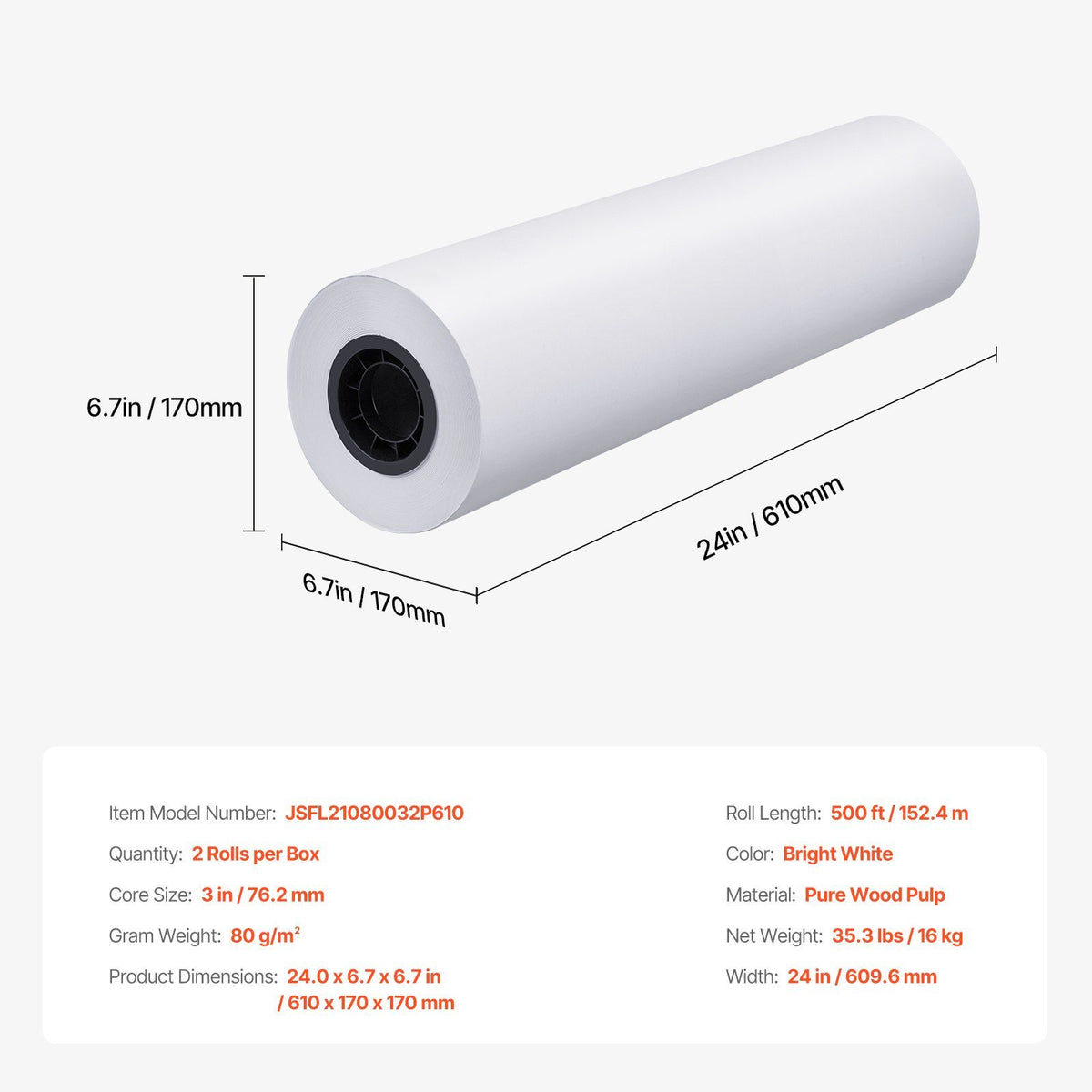 Wide Format Paper, 609.6 mm x 152.4 m Plotter Paper, 2 Rolls CAD Bond Rolls with 76.2 mm Core, 16 KG Plotter Paper Rolls, for CAD Drawings, Engineering Plans, GIS Maps & Architectural Designs