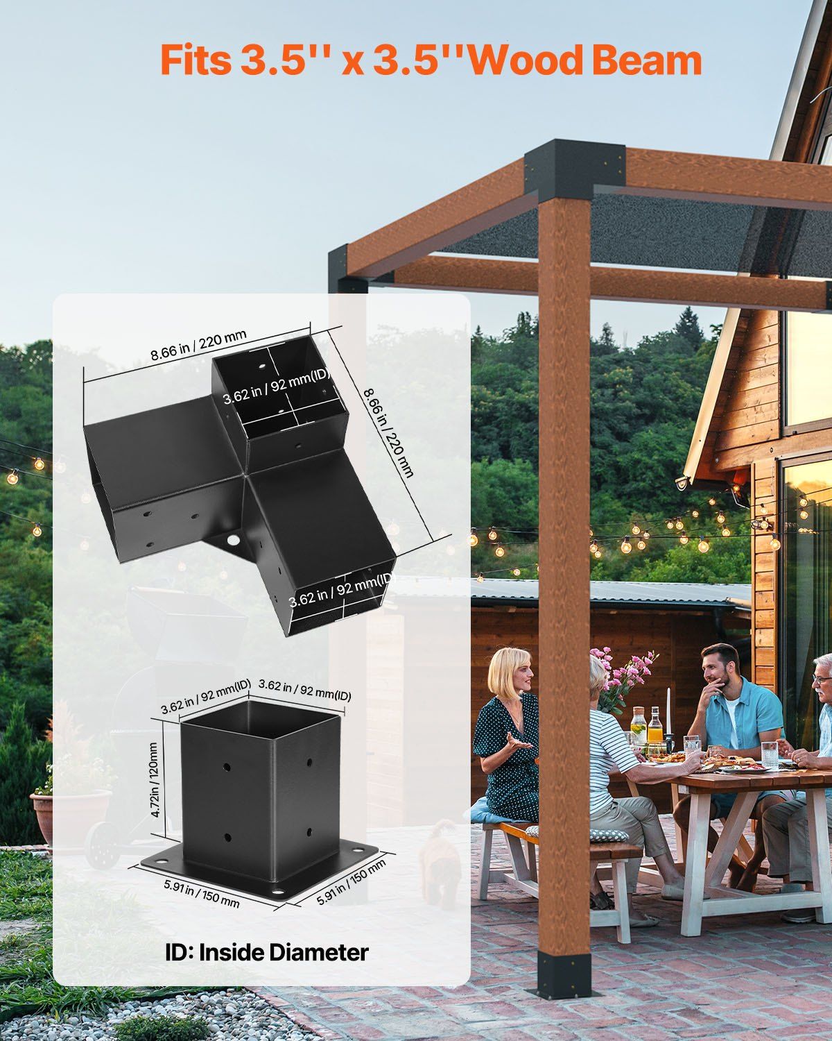 Pergola Bracket Kit, 4x4 Inch (Inner Size 92 x 92 mm), 4 Pcs 3-Way Heavy Duty Corner Bracket Woodworks DIY Post Base Kit, Easy Installation Wooden Beams for Gazebos, Patio Pergolas, Log Cabin