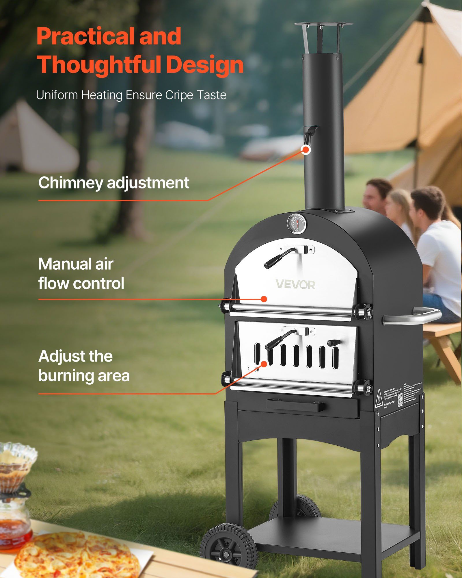 Outdoor Pizza Oven, 12" Pellet Fire Ovens, 2-Layer Pizza Oven Wood Fired, Wood Burning Outdoor Pizza-Oven with 2 Removable Wheels, 1000℉ Max Temperature Fired Pizza-Maker Ovens for Barbecue