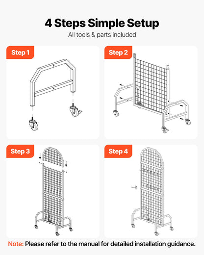 VEVOR 2 Packs Grid Wall Panels, 600 x 1640mm Wire Grid Panels Display Rack, Movable Art Display Shelf with Wheels and 20 Hooks, Black Carbon Steel Gridwall for Craft Show, Decor, Storage, Notice Board