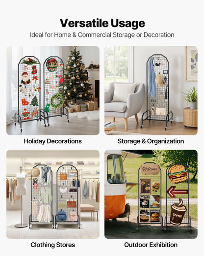 VEVOR 2 Packs Grid Wall Panels, 600 x 1640mm Wire Grid Panels Display Rack, Movable Art Display Shelf with Wheels and 20 Hooks, Black Carbon Steel Gridwall for Craft Show, Decor, Storage, Notice Board