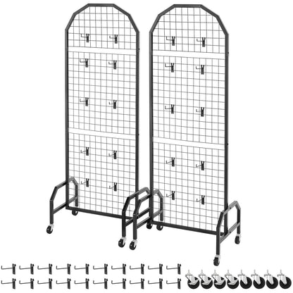 VEVOR 2 Packs Grid Wall Panels, 600 x 1640mm Wire Grid Panels Display Rack, Movable Art Display Shelf with Wheels and 20 Hooks, Black Carbon Steel Gridwall for Craft Show, Decor, Storage, Notice Board