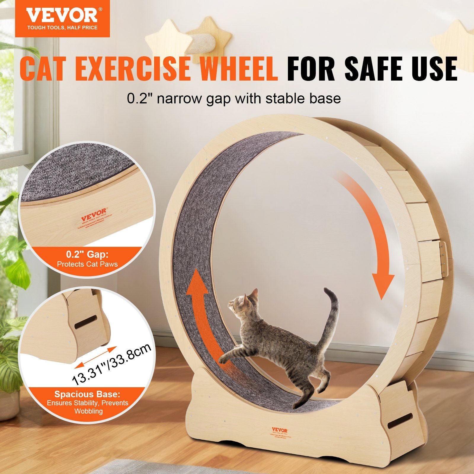 Wooden Cat Exercise Wheel, 1320mm Large Cat Treadmill Wheel for Indoor Cats, Cat Running Wheel with Detachable Carpet & Cat Teaser for Running/Walking/Training, Suitable for Most Cats