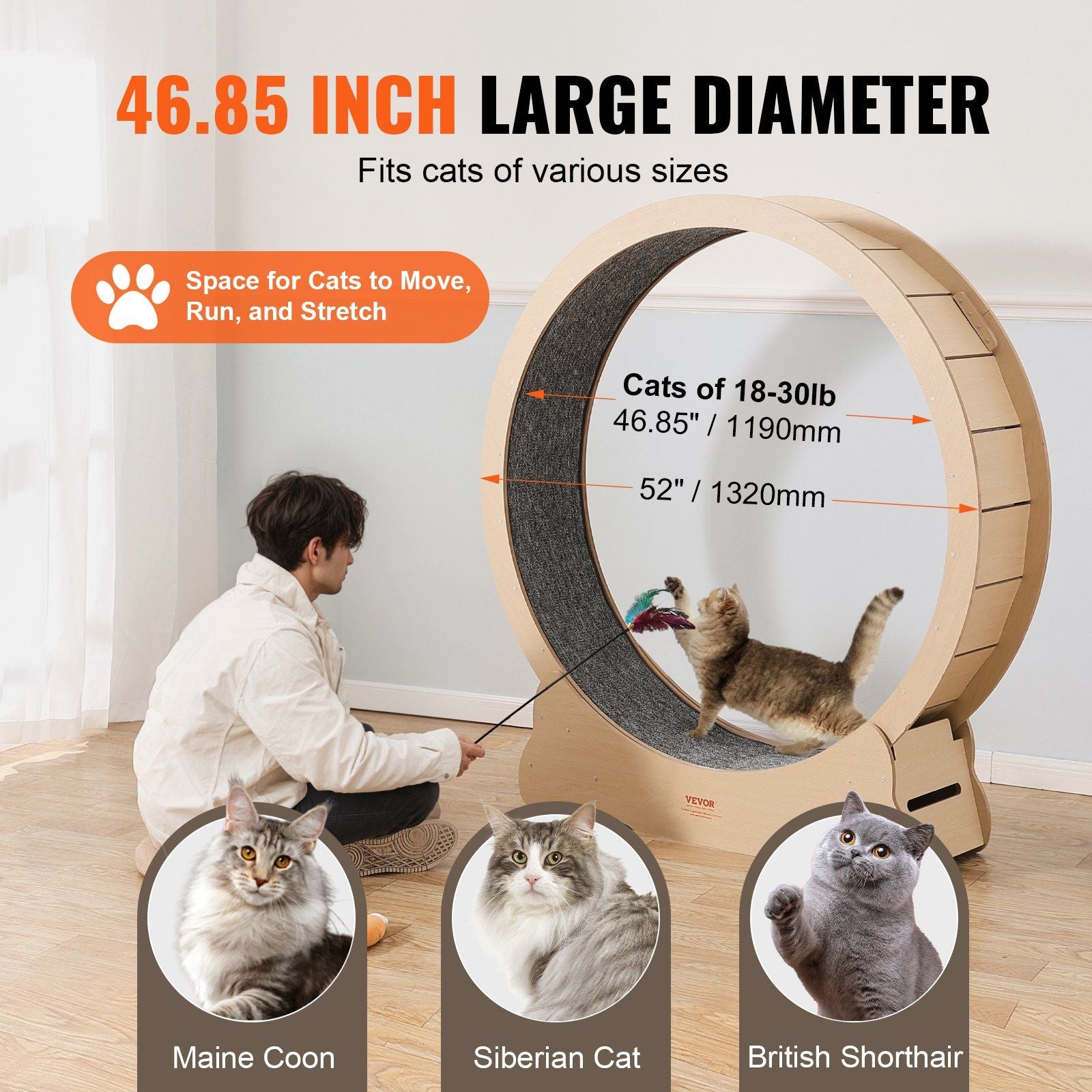 Wooden Cat Exercise Wheel, 1320mm Large Cat Treadmill Wheel for Indoor Cats, Cat Running Wheel with Detachable Carpet & Cat Teaser for Running/Walking/Training, Suitable for Most Cats