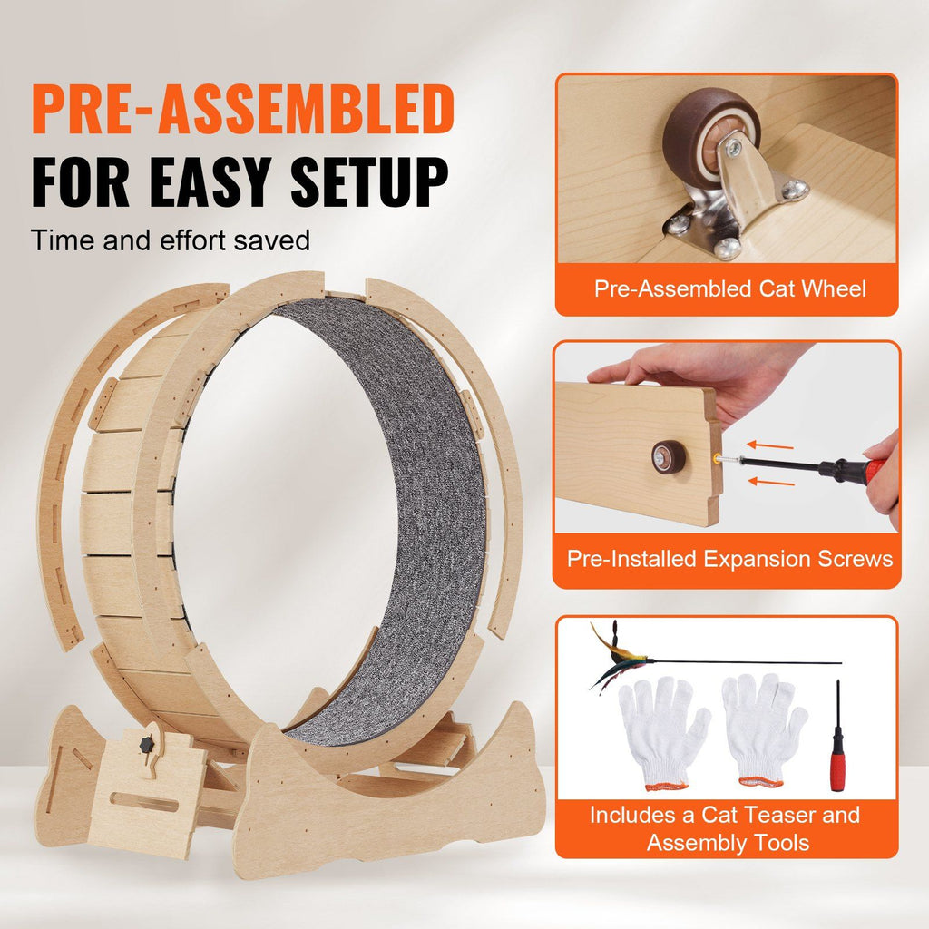 Wooden Cat Exercise Wheel, 1320mm Large Cat Treadmill Wheel for Indoor Cats, Cat Running Wheel with Detachable Carpet & Cat Teaser for Running/Walking/Training, Suitable for Most Cats