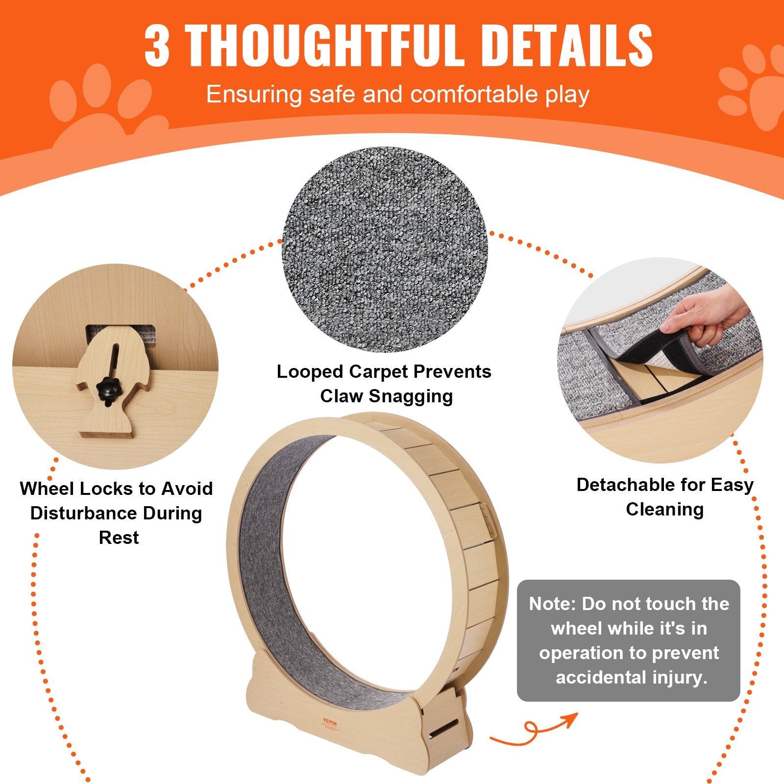 Wooden Cat Exercise Wheel, 1320mm Large Cat Treadmill Wheel for Indoor Cats, Cat Running Wheel with Detachable Carpet & Cat Teaser for Running/Walking/Training, Suitable for Most Cats