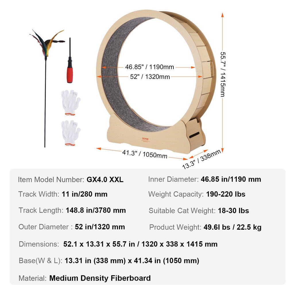 Wooden Cat Exercise Wheel, 1320mm Large Cat Treadmill Wheel for Indoor Cats, Cat Running Wheel with Detachable Carpet & Cat Teaser for Running/Walking/Training, Suitable for Most Cats