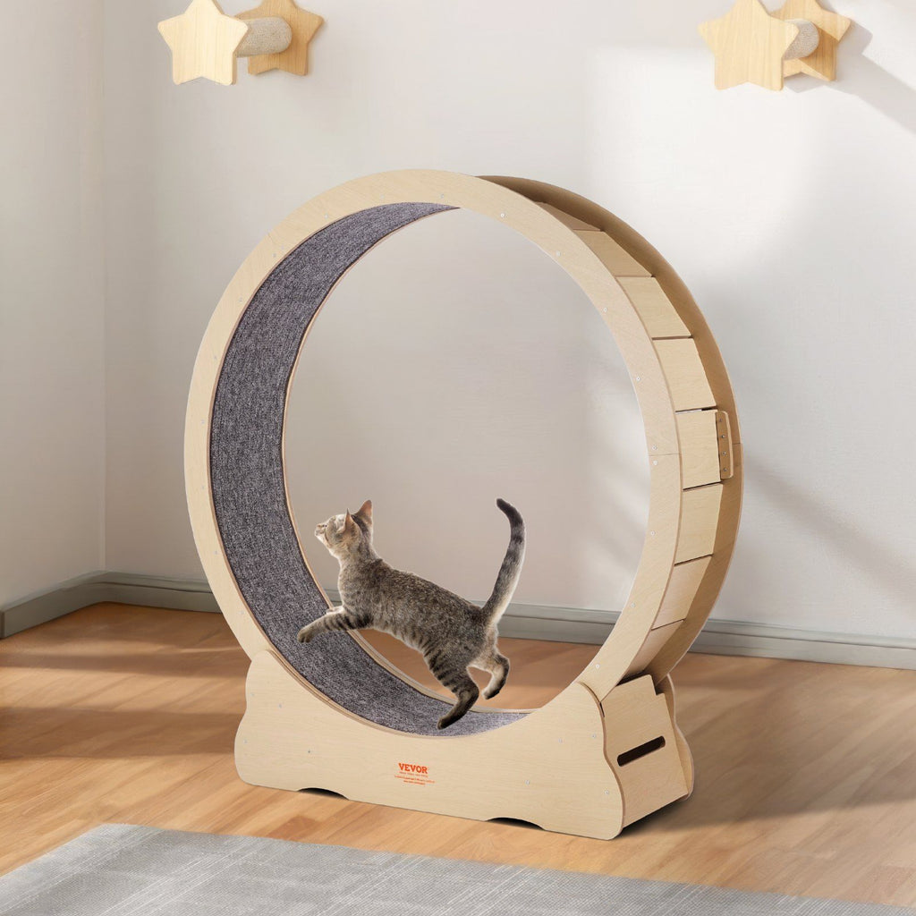 Wooden Cat Exercise Wheel, 1320mm Large Cat Treadmill Wheel for Indoor Cats, Cat Running Wheel with Detachable Carpet & Cat Teaser for Running/Walking/Training, Suitable for Most Cats