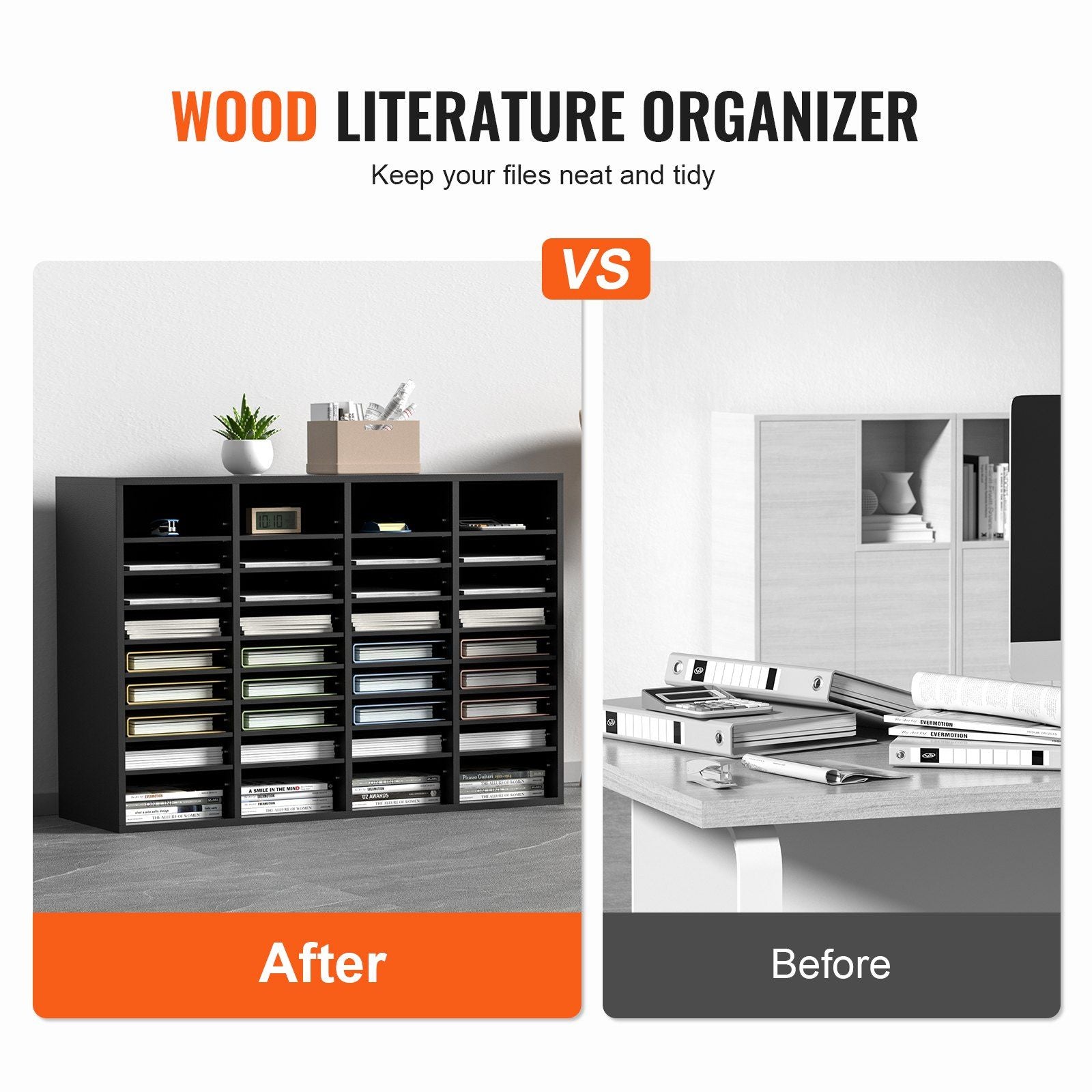 Wood Literature Organizer, 36 Compartments, File Sorter with Removable Shelves, Mailboxes Slot for Office Home Classroom Mailrooms Organization, EPA Certified, Black