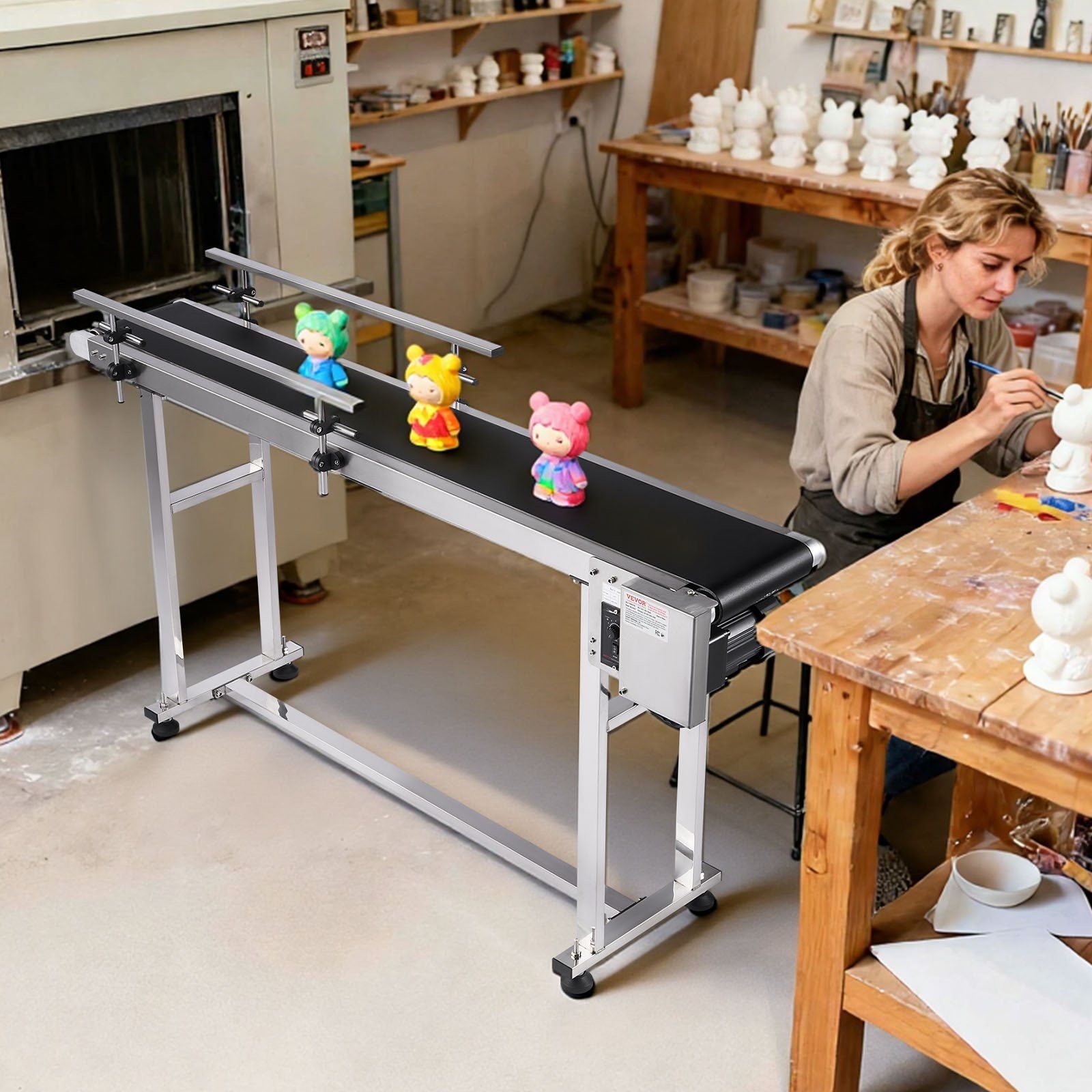 Belt Conveyor, 1498.6 x 198.1 mm Conveyor Table Heavy Duty Stainless Steel Motorized Belt Conveyor for Inkjet Coding Applications Powered PVC Belt Anti-Static Adjustable Speed (Double Guardrail)