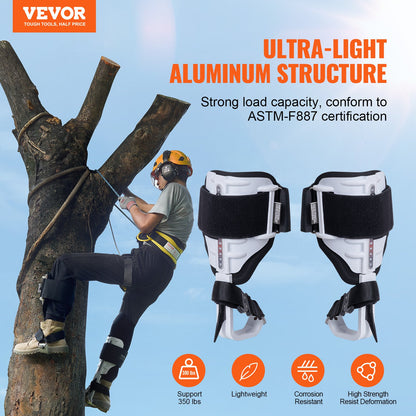 VEVOR Tree Climbing Spikes, 1 Pair Aluminum Climbing Spurs, 350lbs Load Capacity Tree Climbing Gear with Straps and Spike Protectors, Arborist Equipment for Climbers, Hunting, Fruit Picking, White