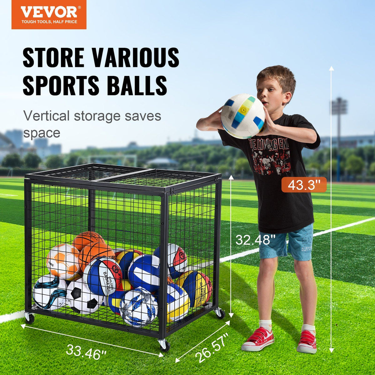 Rolling Sports Ball Storage Cart, Basketball Cage with Double Lids, Sport Equipment Holder Organizer for Indoor Outdoor, Steel Storage Rack for Garages, Playgroup, Gym and Schools